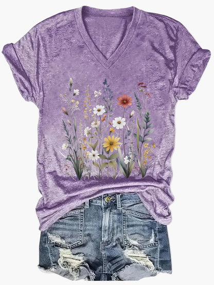 Dame T-skjorte med V-hals og blomsterprint – Løs sommer fritidsskjorte