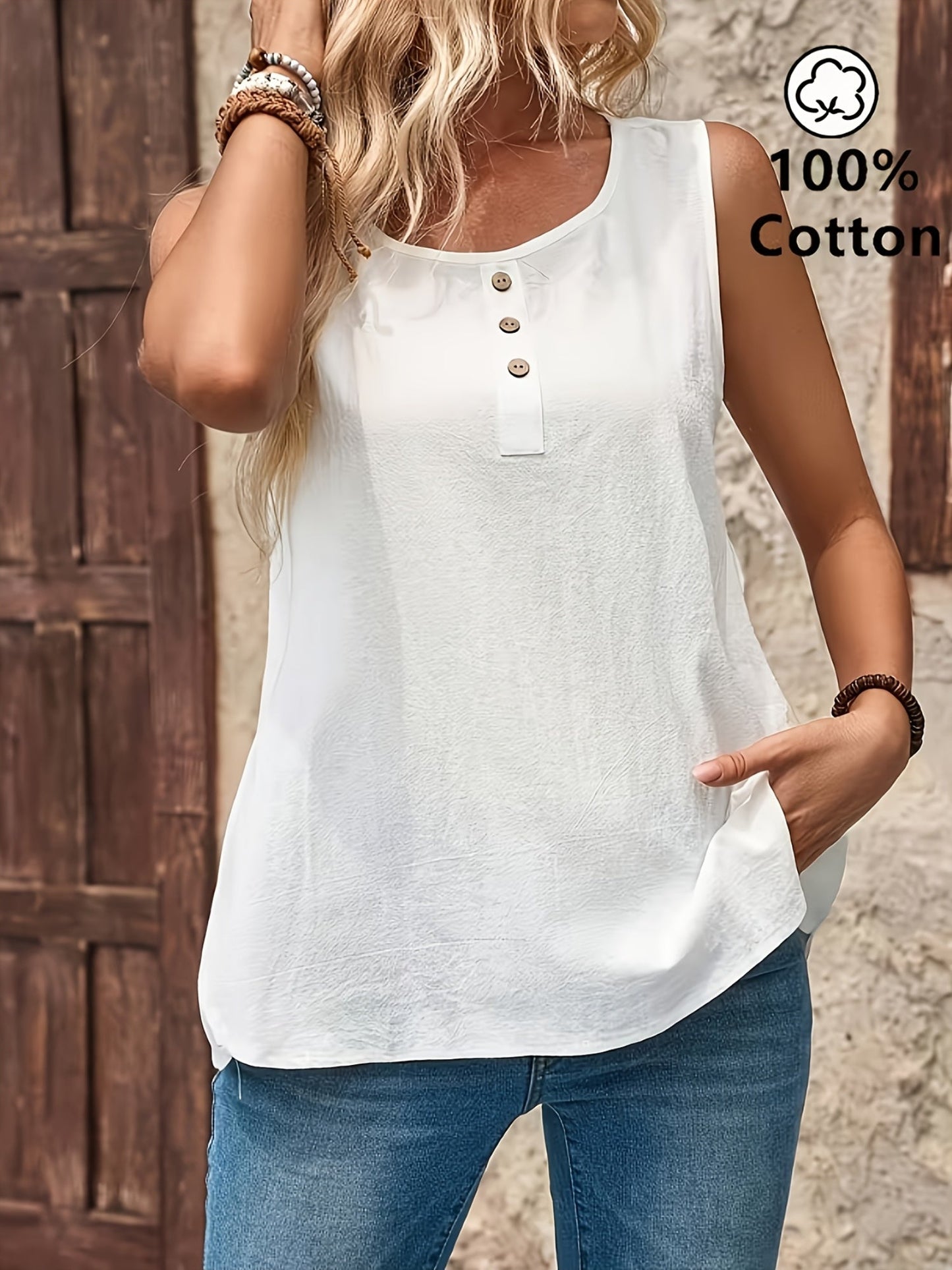 Top Henley sans manches décontracté pour femme avec patte de boutonnage, idéal pour le quotidien et l'été