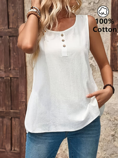 Top Henley sans manches décontracté pour femme avec patte de boutonnage, idéal pour le quotidien et l'été