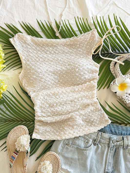 Dame sommerferie top med struktur, ærmeløs, asymmetrisk snit – perfekt til strand og fritid