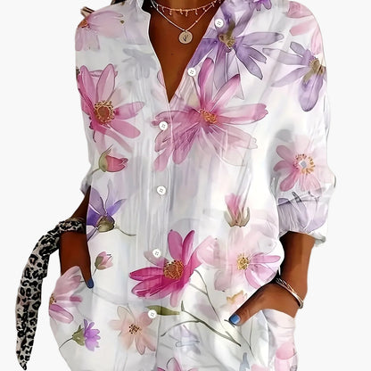 Damen Bluse mit Blumenmuster – Elegante Langarm Hemdbluse für Freizeit und Büro