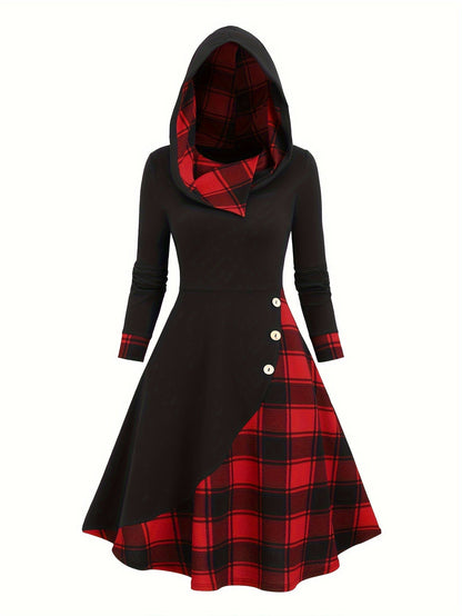 Damen Kapuzenkleid Schwarz Karomuster Langarm Midi