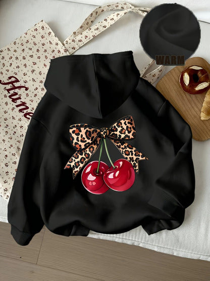 Zwarte dameshoodie met strikprint van kersen en luipaardmotief, casual hoodie met capuchon