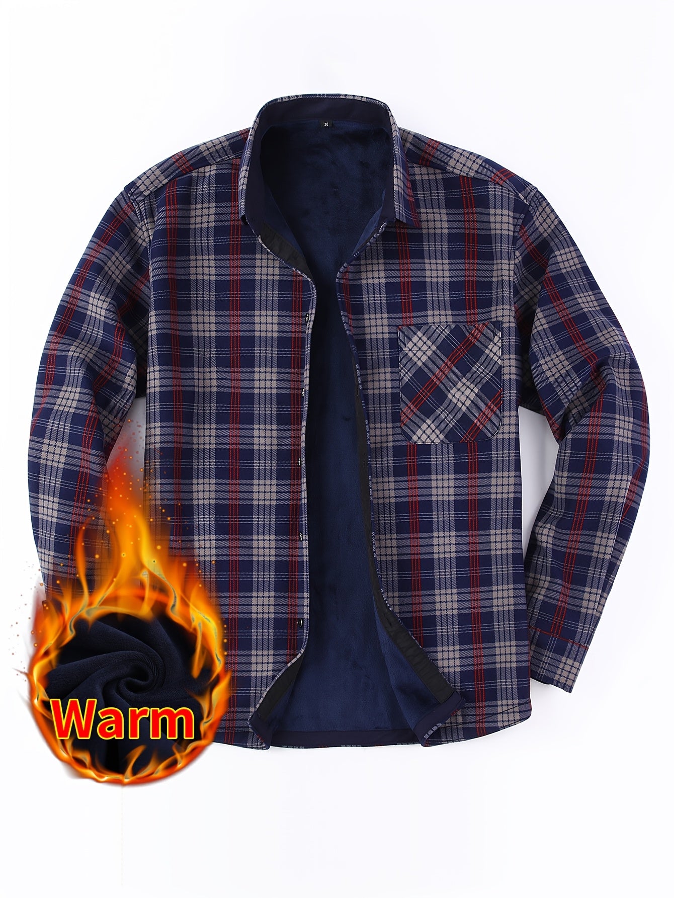 Giacca-camicia da uomo a quadri con fodera in pile e bottoni