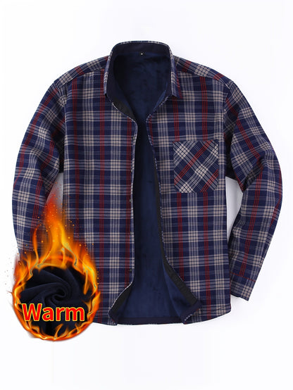 Giacca-camicia da uomo a quadri con fodera in pile e bottoni