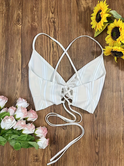 Completo donna due pezzi – Top corto a righe alla moda e gonna di jeans per estate e tempo libero
