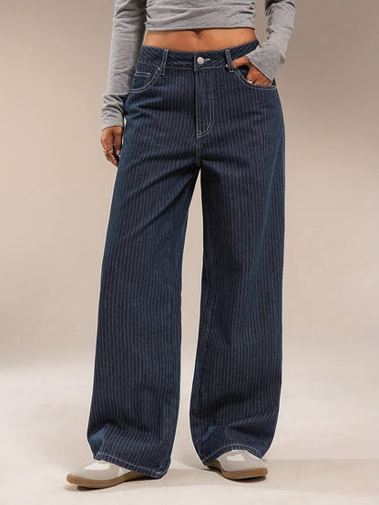 Jeans donna a gamba larga, gessato blu scuro