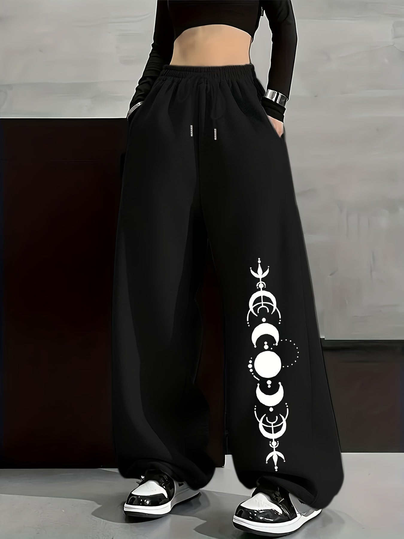 Unisex Weite Freizeithose mit Mondphasen-Muster, Elastischer Bund
