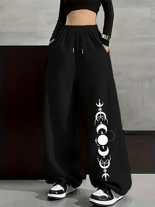 Unisex Weite Freizeithose mit Mondphasen-Muster, Elastischer Bund