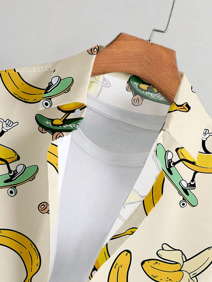 Herre kortærmet fritidsskjorte med skateboard-bananer tegneserieprint – sommerfest statement skjorte
