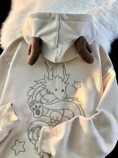 Uniseks hoodie met ritssluiting en capuchon, drakenborduursel en rendiergeweiën