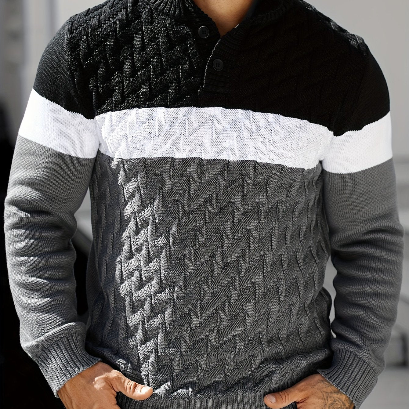 Herren Strickpullover Blockfarben Zopfmuster Stehkragen Knopfleiste