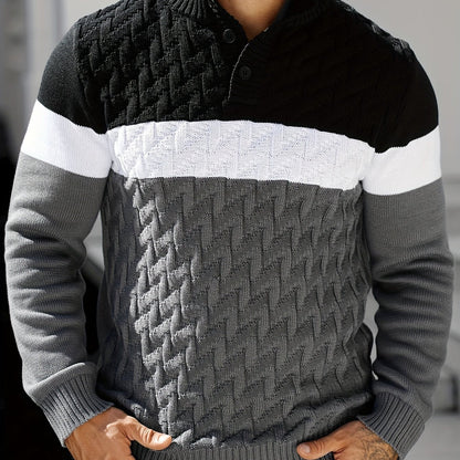 Herren Strickpullover Blockfarben Zopfmuster Stehkragen Knopfleiste
