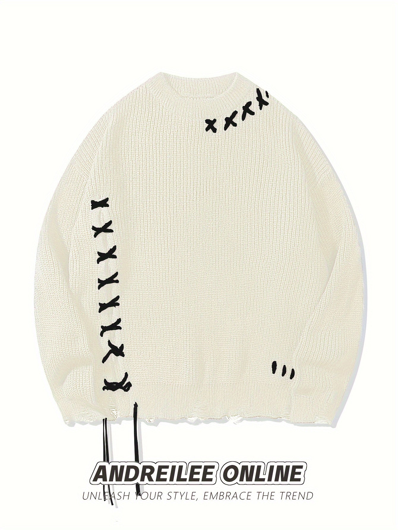 Unisex Strickpullover mit Kreuzstich-Detail und zerrissenem Saum