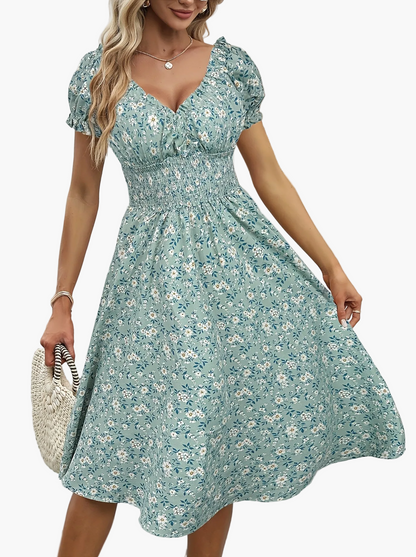 Damen Sommerkleid Elegant mit Blumenmuster und Kurzarm – Perfekt für Alltag & Urlaub