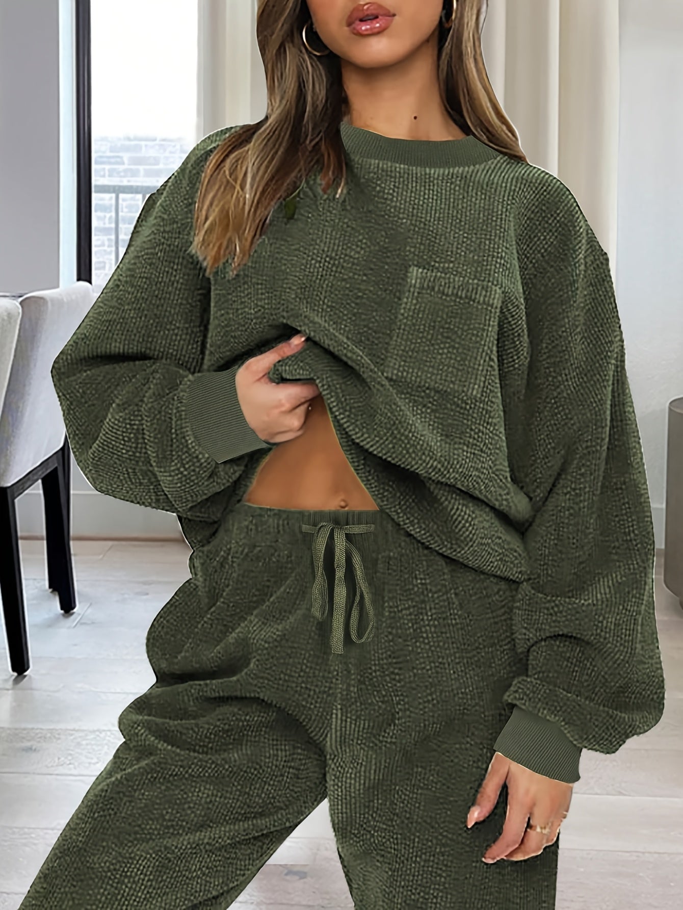 Damen Loungewear Set Grün Weicher Stoff Pullover Hose