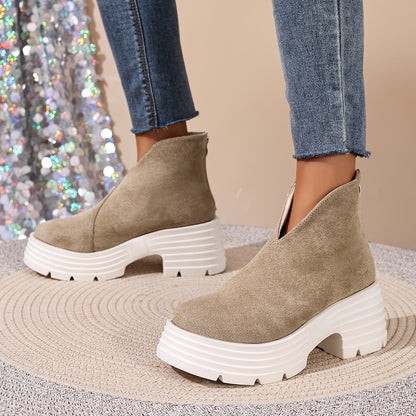 Damen Plateaustiefel mit V-Ausschnitt, robuster Sohle und Reißverschluss hinten