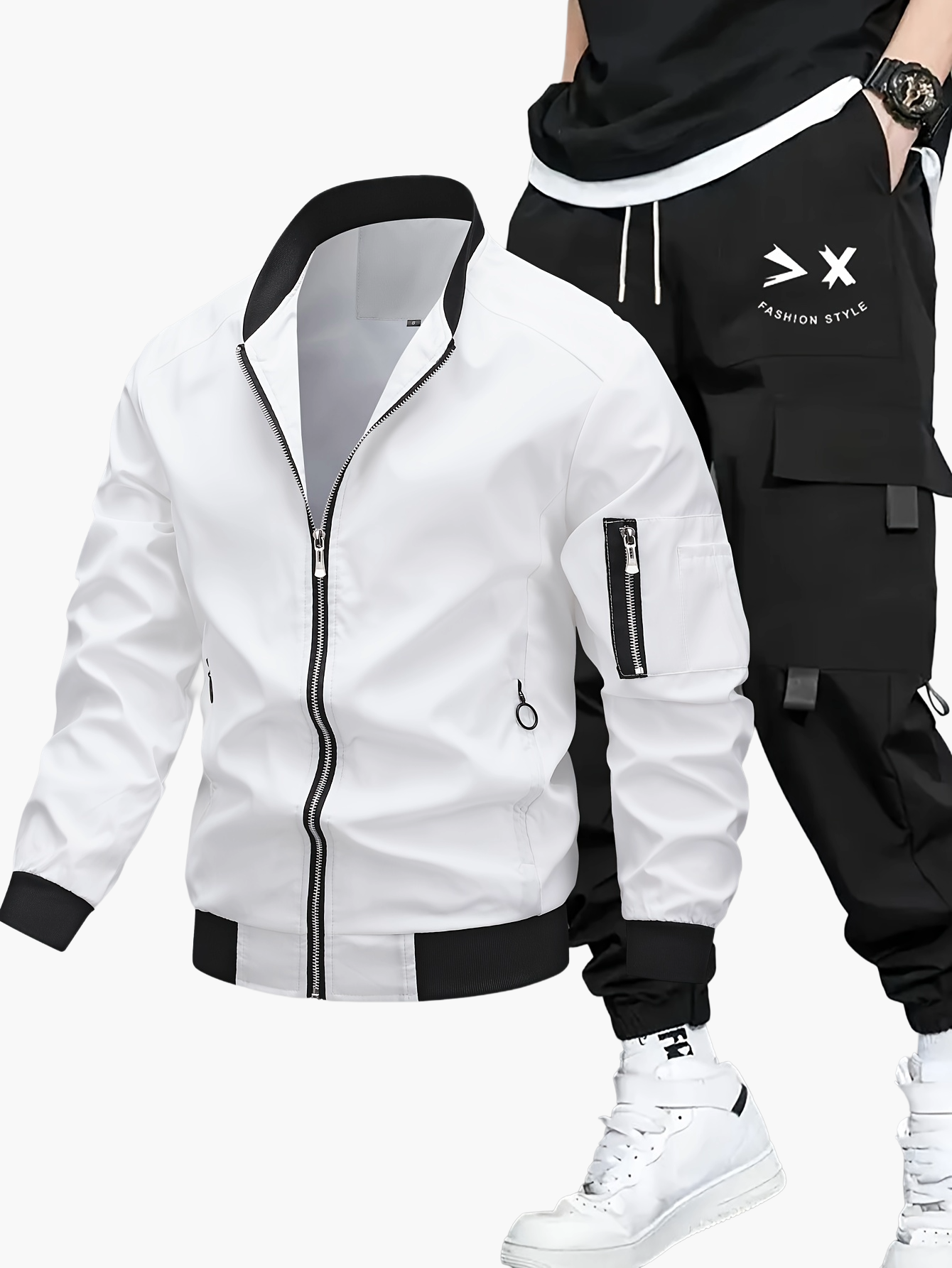 Set streetwear uomo – Giacca bomber e pantaloni cargo per tempo libero e uso quotidiano