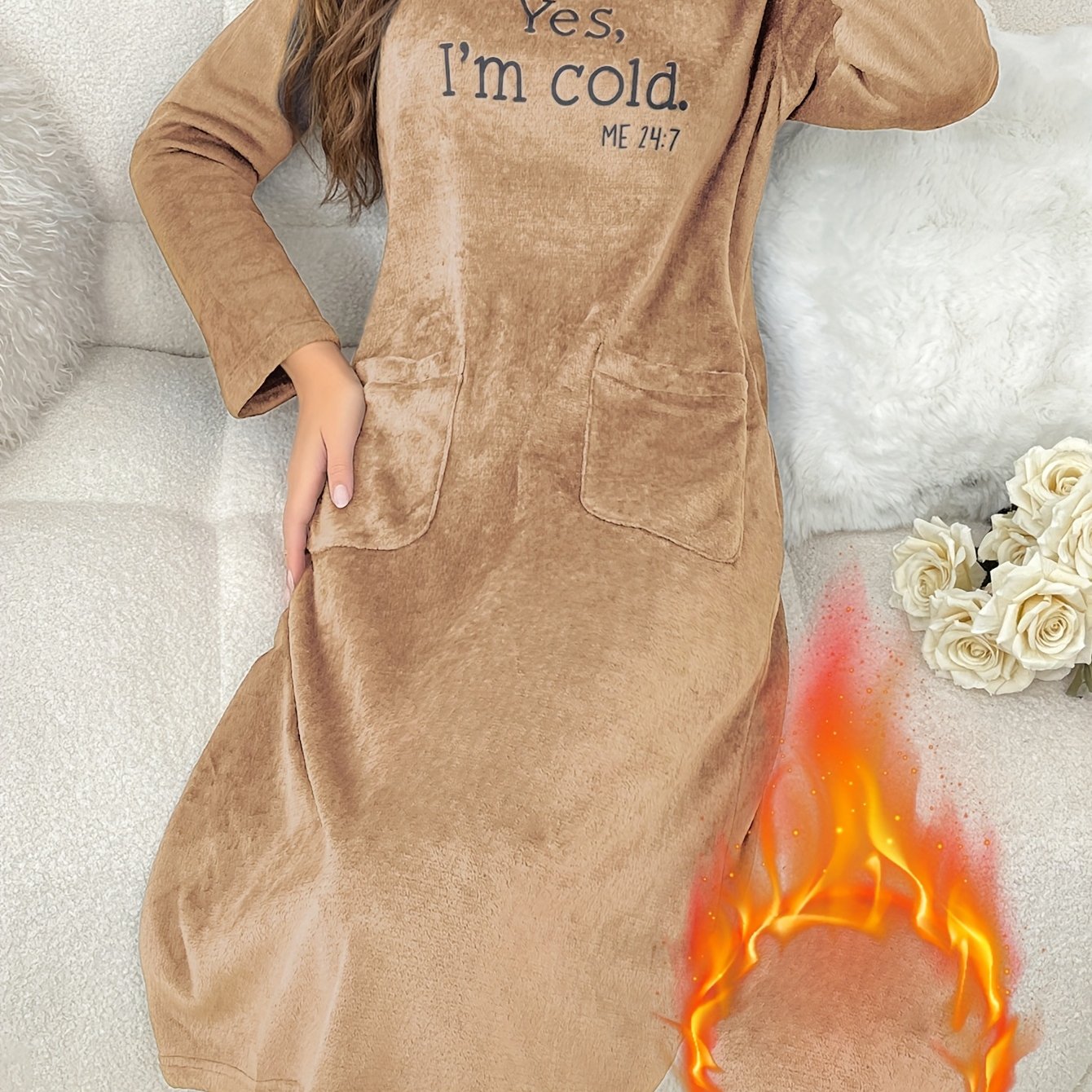 Damen Loungewear Kleid aus weichem Material mit Taschen und Stickerei