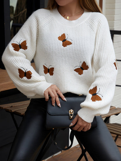 Maglione da donna con ricamo a farfalla, girocollo, maniche lunghe, lavorato a maglia, bianco o nero