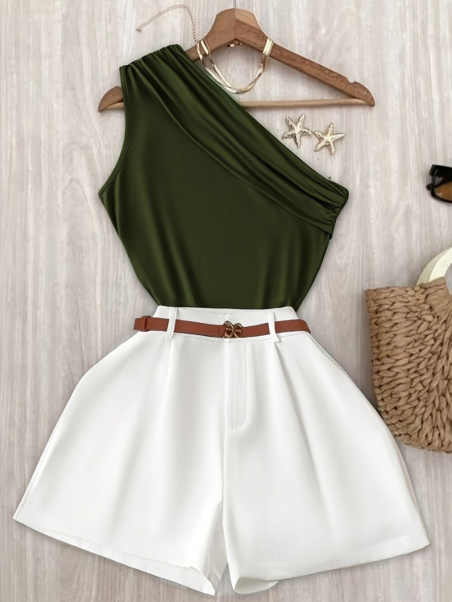 Damen Ein-Schulter Elegant Sommer Set mit Oberteil und Shorts – Modischer Freizeit-Look