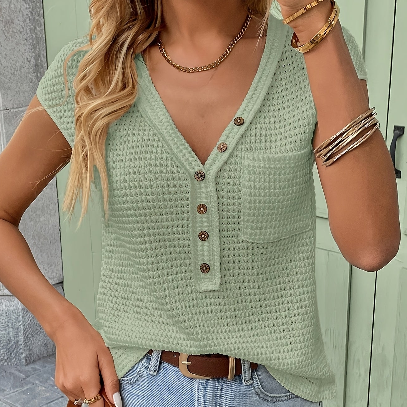 Damen Kurzarm Henley Shirt mit Knopfleiste und Struktur – Freizeit & Alltag