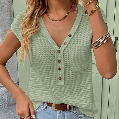 Damen Kurzarm Henley Shirt mit Knopfleiste und Struktur – Freizeit & Alltag