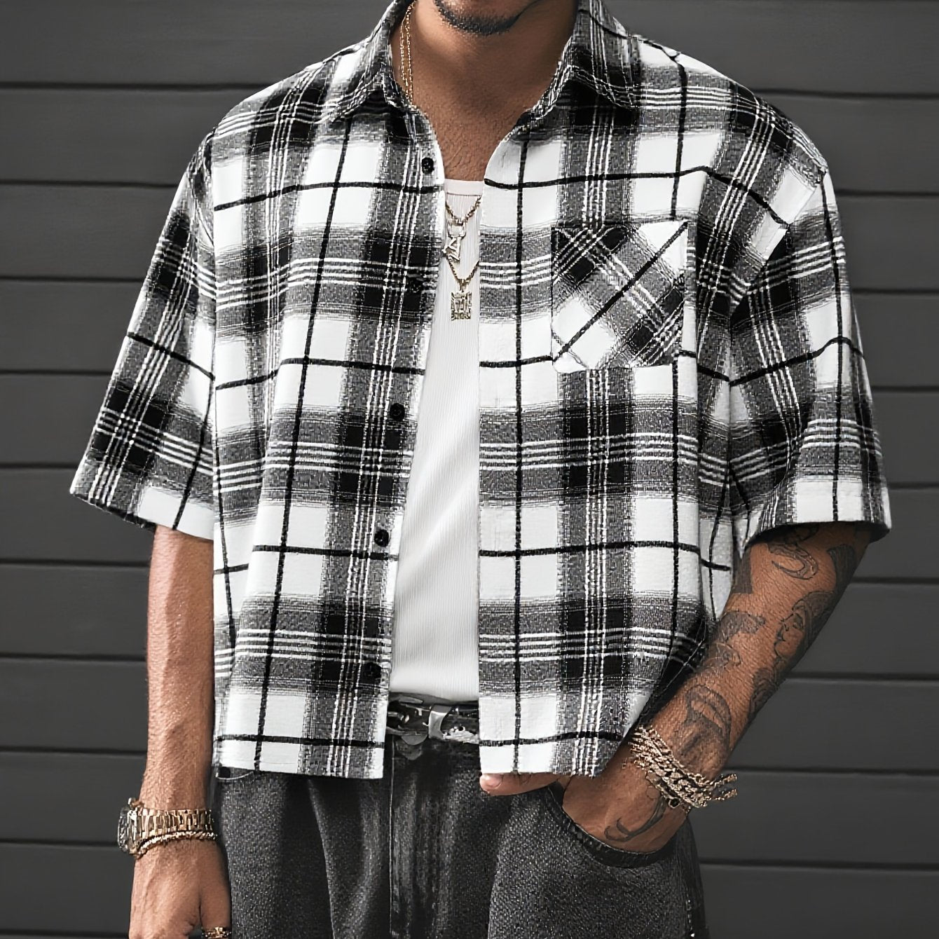 Camisa de cuadros oversize de manga corta para hombre con estilo streetwear – moda casual para el día a día y salidas