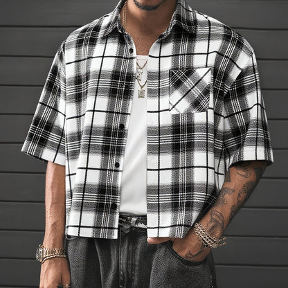 Camisa de cuadros oversize de manga corta para hombre con estilo streetwear – moda casual para el día a día y salidas