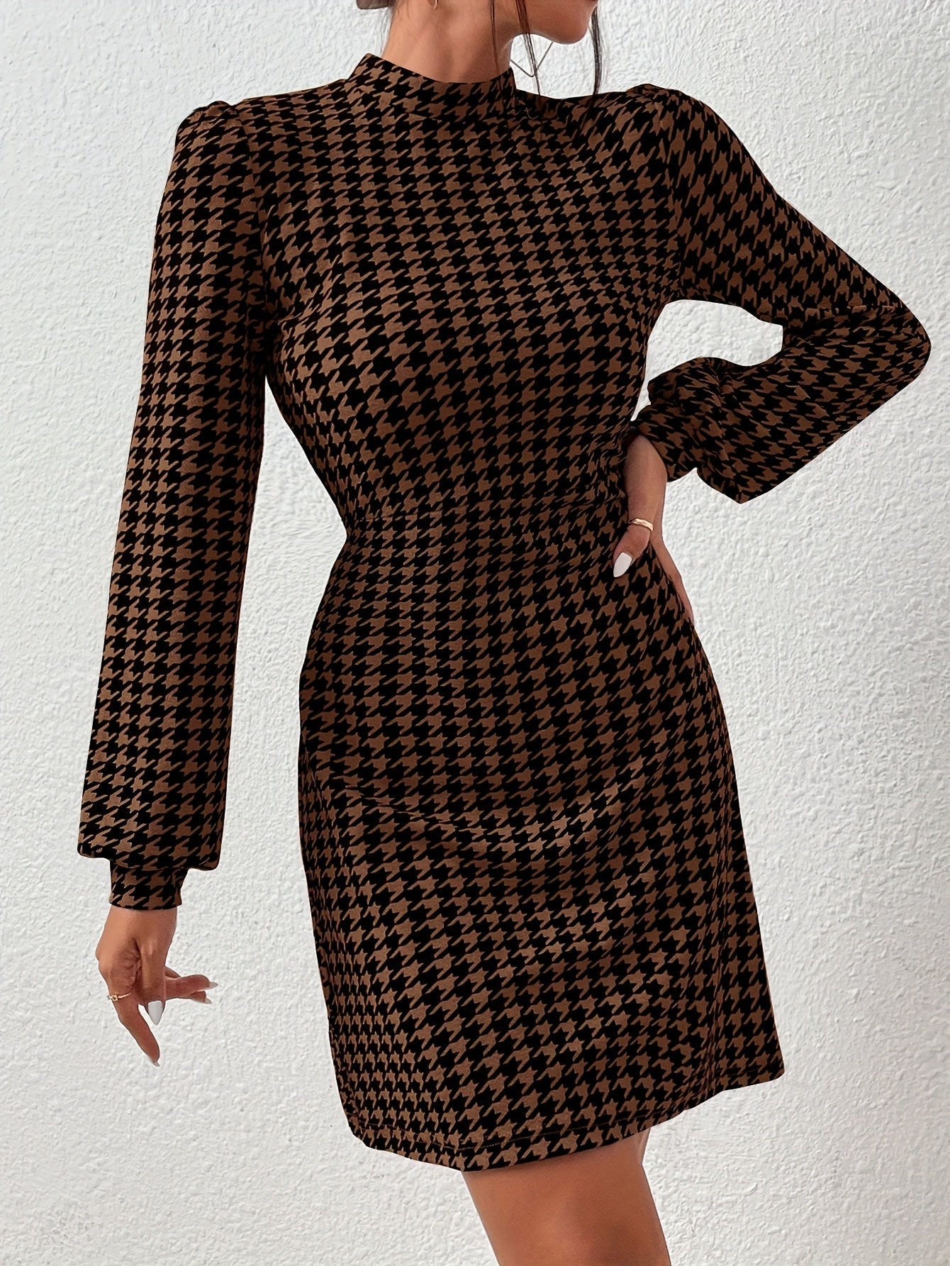 Damen Houndstooth Minikleid Braun Schwarz Stehkragen Langarm