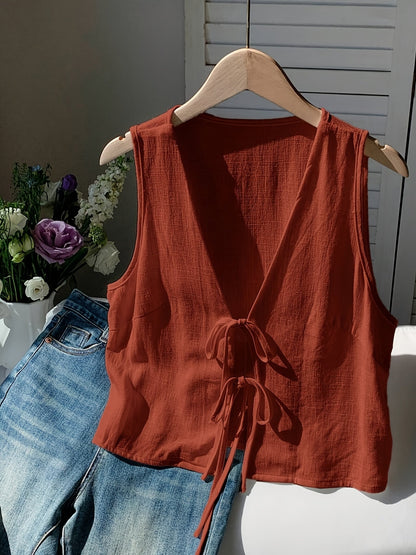 Gilet sans manches pour femme avec détail nœud et encolure en V – couche d'été à la mode pour les loisirs et les vacances