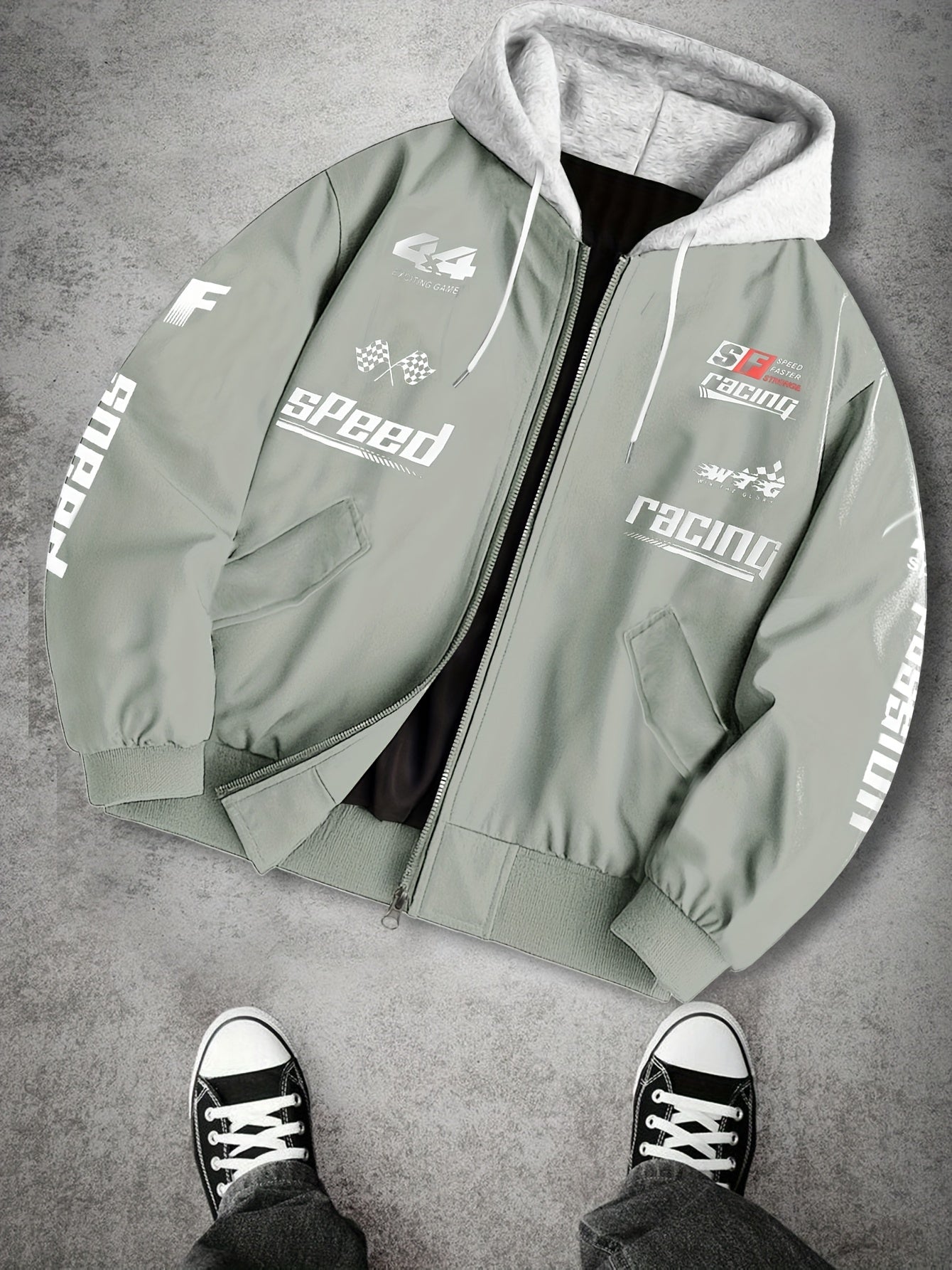 Herren Bomberjacke mit Kapuze Racing Aufdruck Sportlich Freizeit