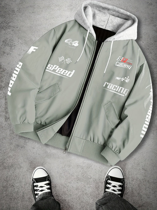 Herren Bomberjacke mit Kapuze Racing Aufdruck Sportlich Freizeit