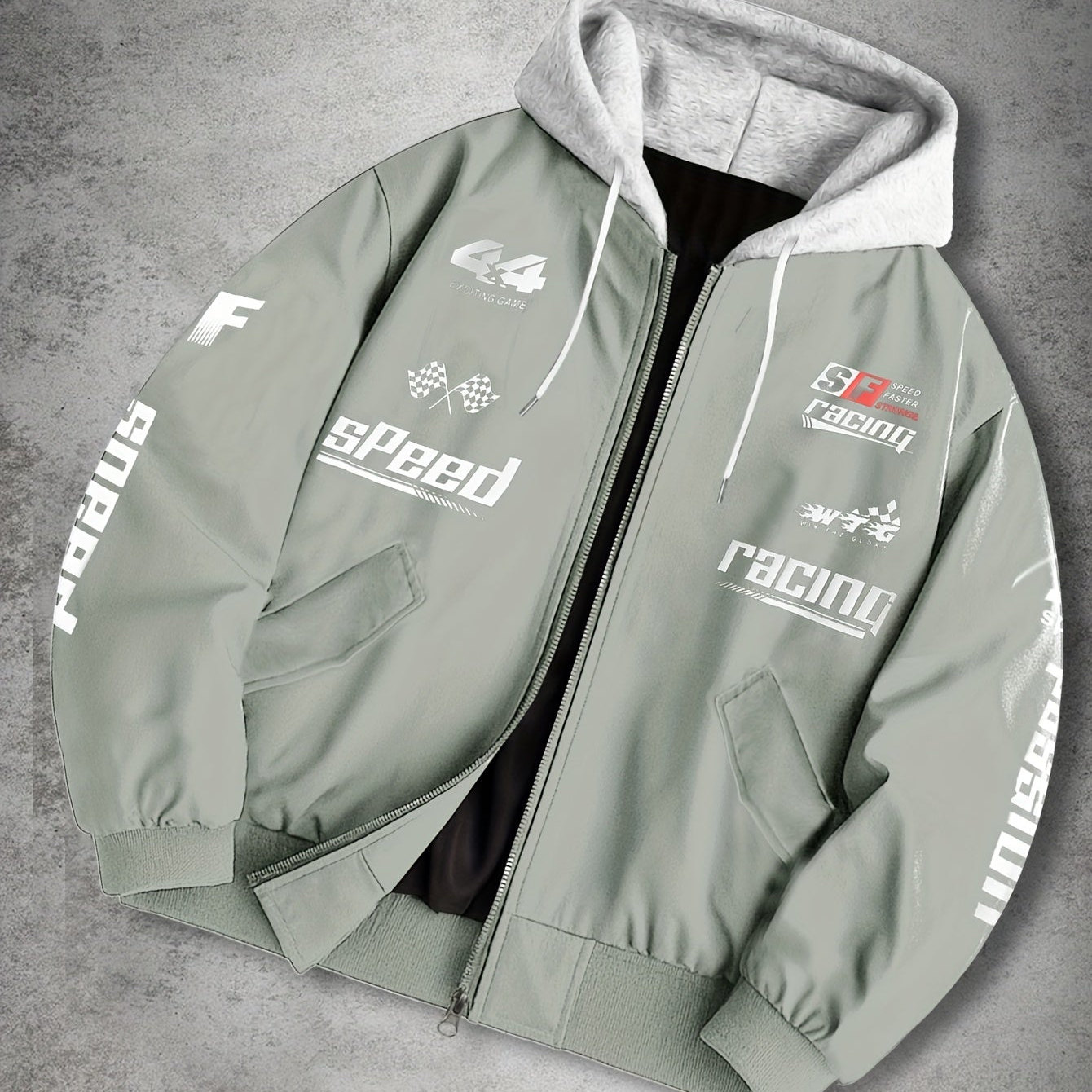 Herren Bomberjacke mit Kapuze Racing Aufdruck Sportlich Freizeit
