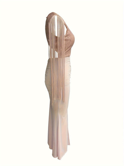Vestido de noche elegante para mujer, ajustado, con flecos y abertura – Perfecto para ocasiones especiales