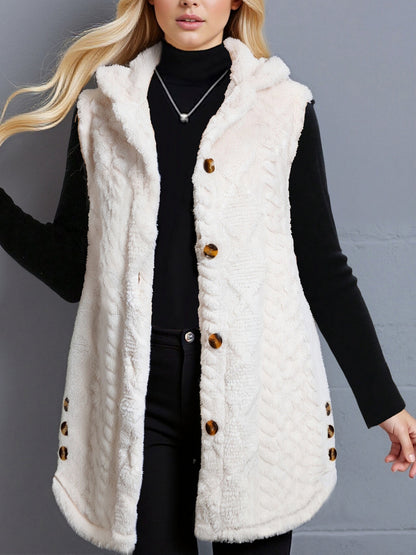 Gilet da donna con cappuccio in pile teddy e bottoni, bianco