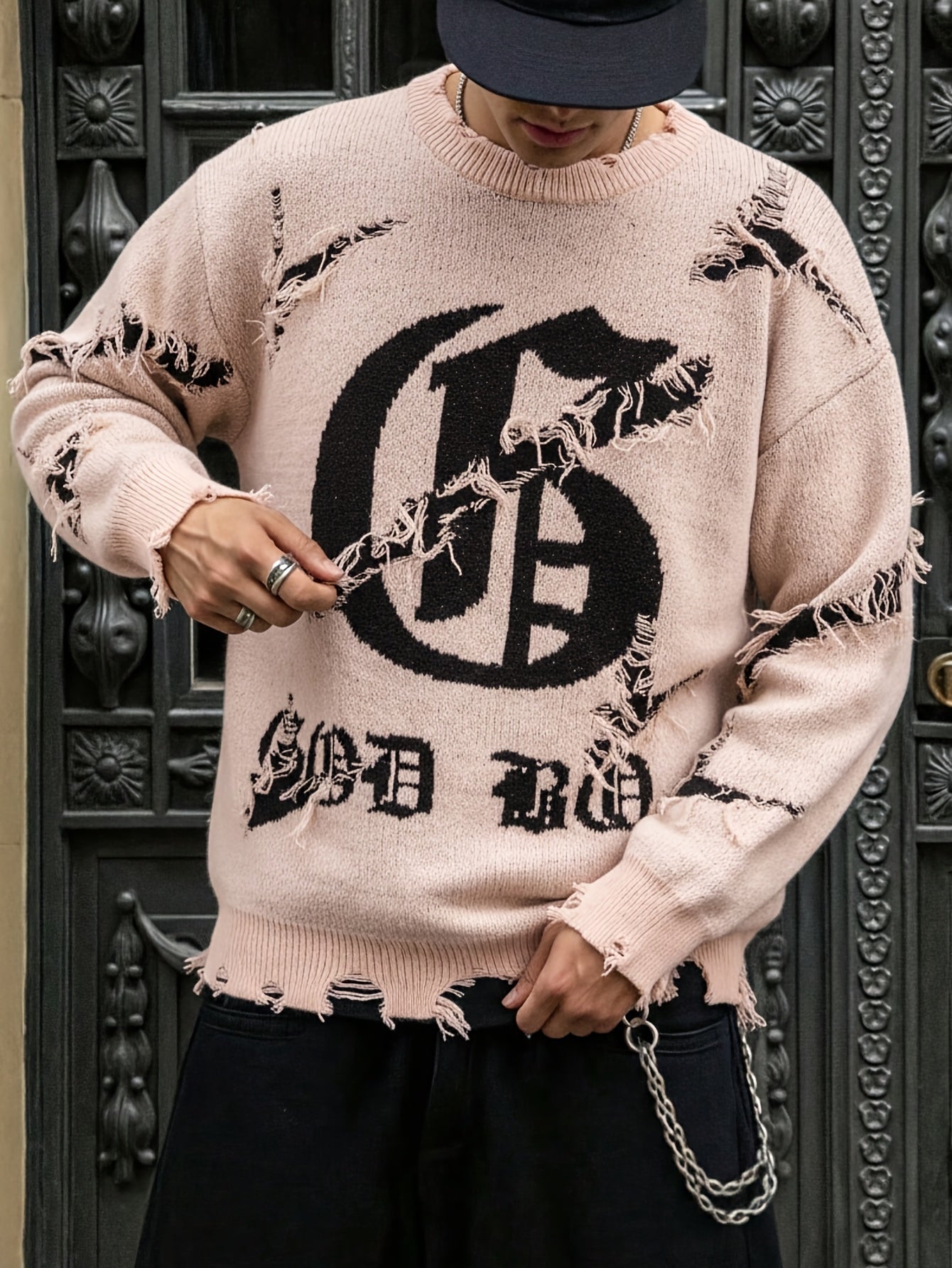 Unisex distressed-pullover med rund hals og tekstprint