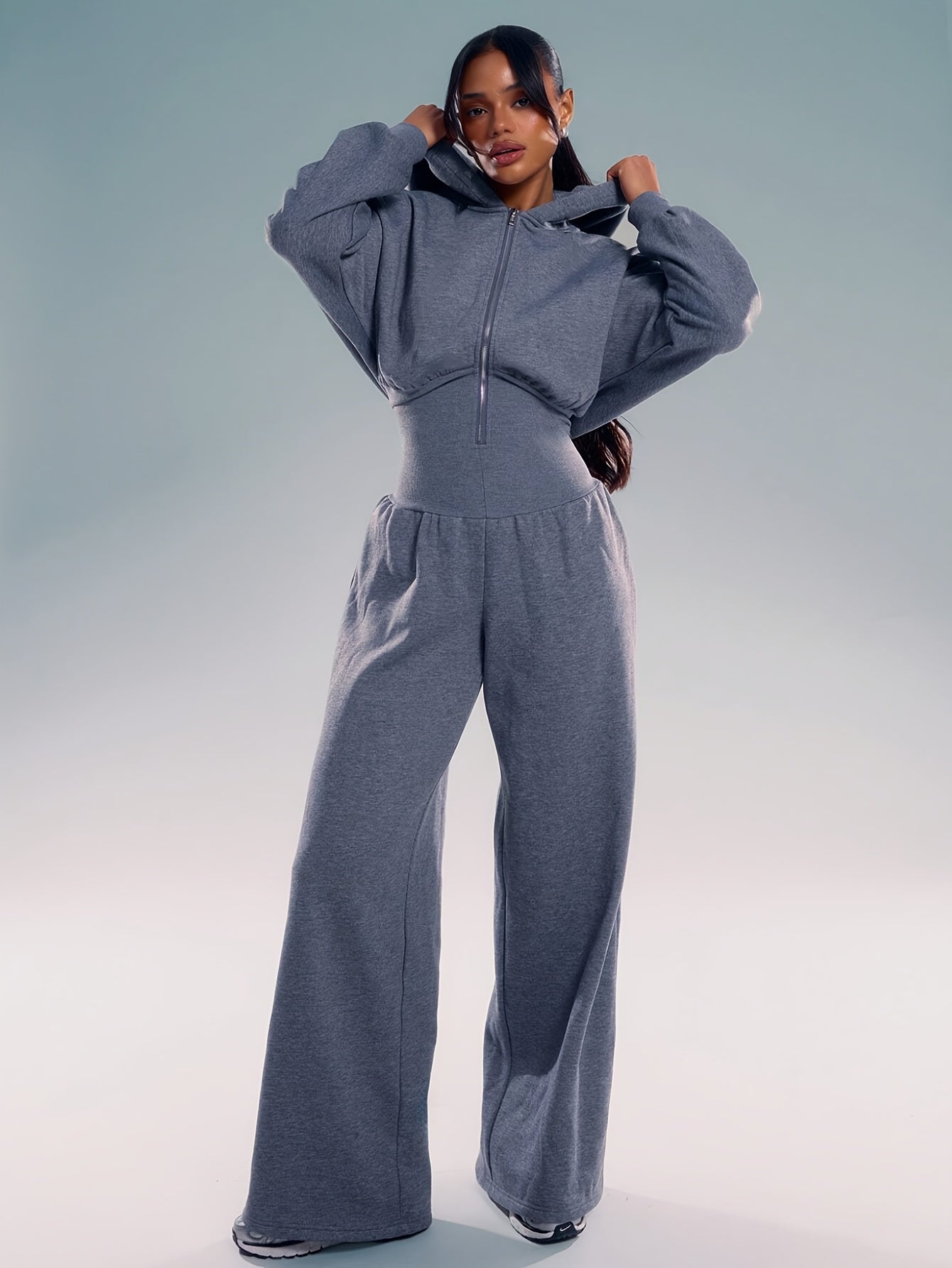 Damesjumpsuit met capuchon, wijde pijpen, rits, beige