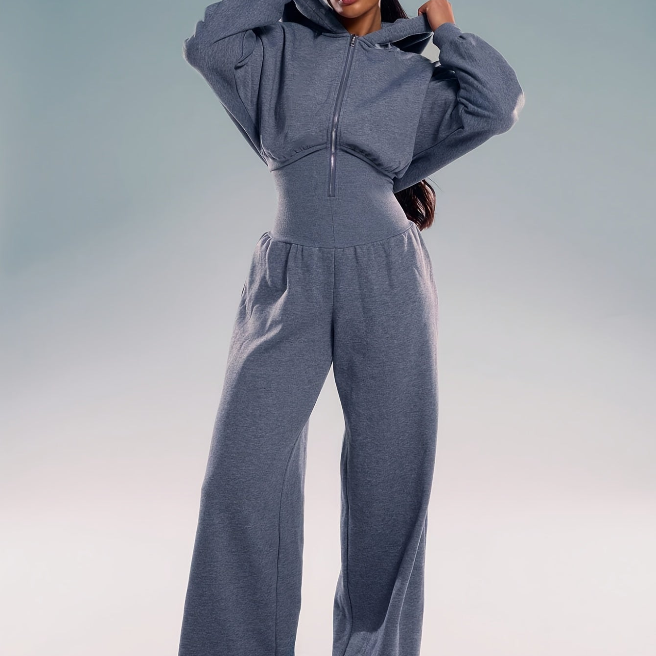 Damesjumpsuit met capuchon, wijde pijpen, rits, beige