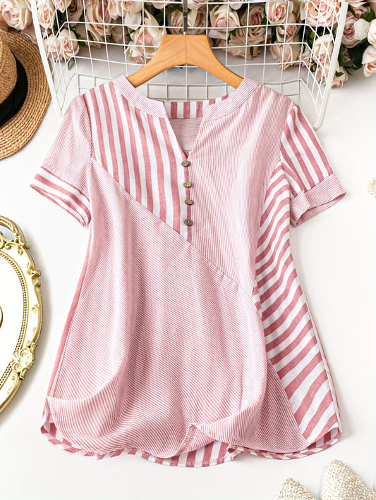 Damebluse med stripemønster og V-hals, sommer, elegant, fritid