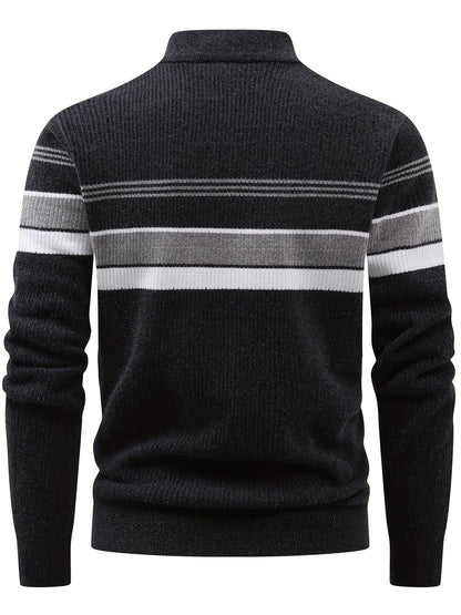 Herren Halb-Reißverschluss Strickpullover mit Streifenmuster, gerippt