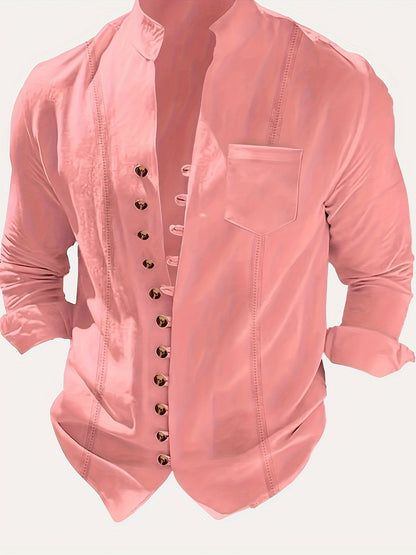 Camicia casual da uomo con collo alla coreana e abbottonatura – Maglia a maniche lunghe elegante per tutti i giorni e il weekend