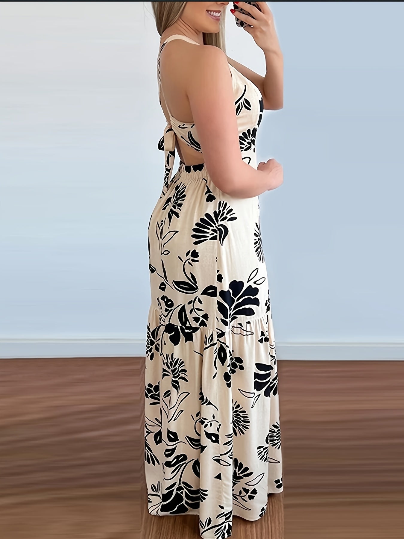 Vestido largo elegante para mujer con estampado floral y escote en la espalda – Perfecto para la playa, vacaciones y fiestas de verano