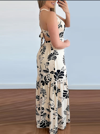 Vestido largo elegante para mujer con estampado floral y escote en la espalda – Perfecto para la playa, vacaciones y fiestas de verano
