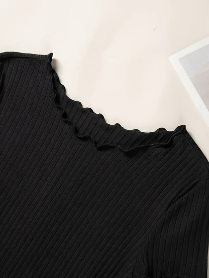 Damen Basic Kurzarm Shirt mit Rippstruktur und Wellensaum – Stilvolles Alltagsoberteil