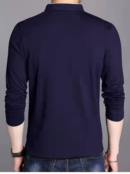 Herren Langarm Poloshirt Stehkragen Henley Stil