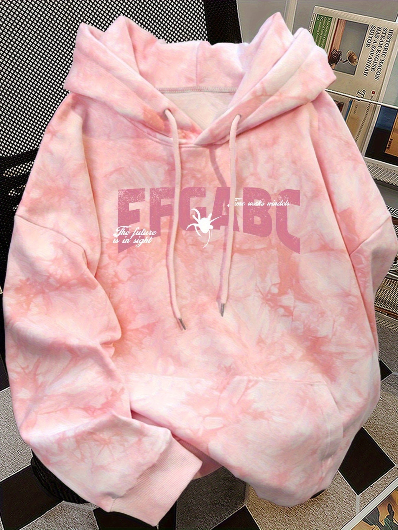 Tie-Dye Hoodie Rosa mit Spinnen-Print und Kapuze