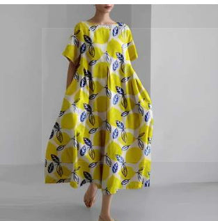 Damen Maxikleid Retro A-Linie mit großen Blumen – Sommerkleid im künstlerischen Vintage-Stil, Elegantes Freizeitkleid