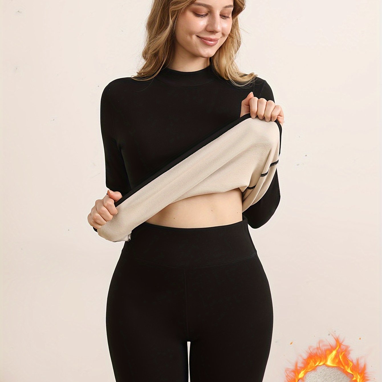 Damen Thermounterwäsche Set Warm Fleece Futter Rollkragen Top & Leggings