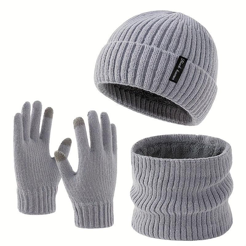 Winterset muts sjaal handschoenen ribbreisel fleecevoering, zwart